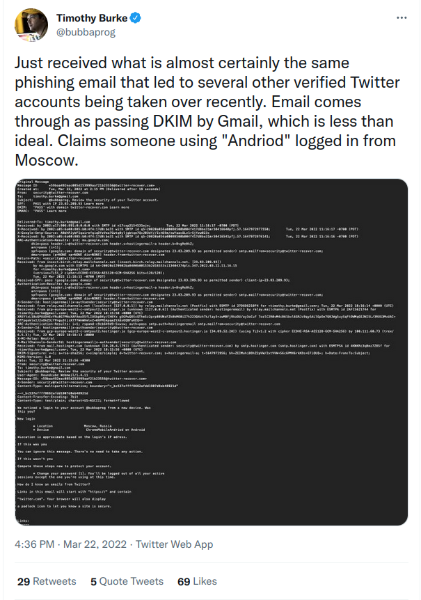 Tweet showing an attempted phish
