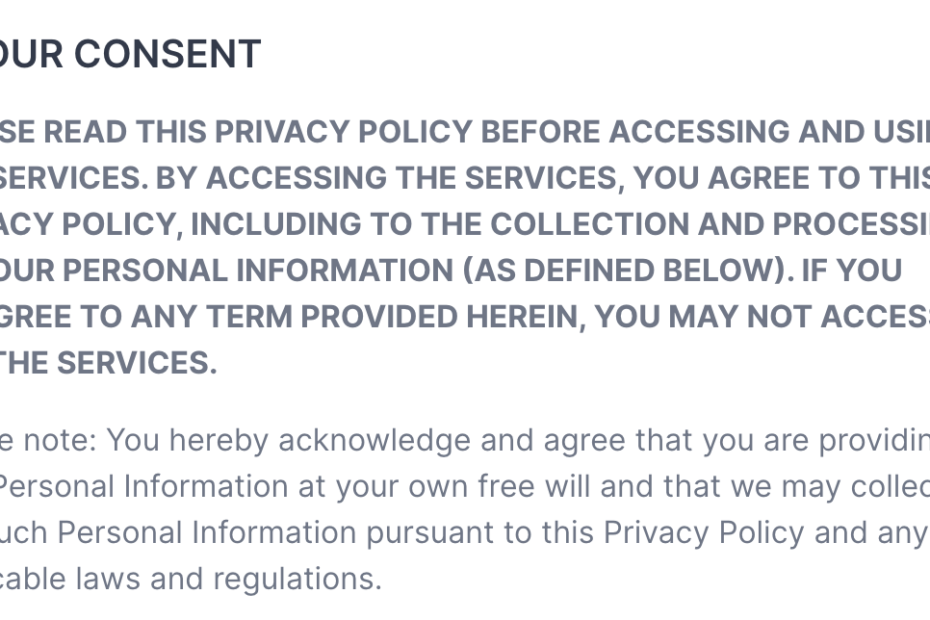 Screenshot of post.news consent clause: "PLEASE READ THIS PRIVACY POLICY BEFORE ACCESSING AND USING THE SERVICES. BY ACCESSING THE SERVICES, YOU AGREE TO THIS PRIVACY POLICY, INCLUDING TO THE COLLECTION AND PROCESSING OF YOUR PERSONAL INFORMATION (AS DEFINED BELOW). IF YOU DISAGREE TO ANY TERM PROVIDED HEREIN, YOU MAY NOT ACCESS OR USE THE SERVICES. Please note: You hereby acknowledge and agree that you are providing us with Personal Information at your own free will and that we may collect and use such Personal Information pursuant to this Privacy Policy and any applicable laws and regulations."