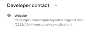 Developer info linking to a privacy policy hosted on Blogspot