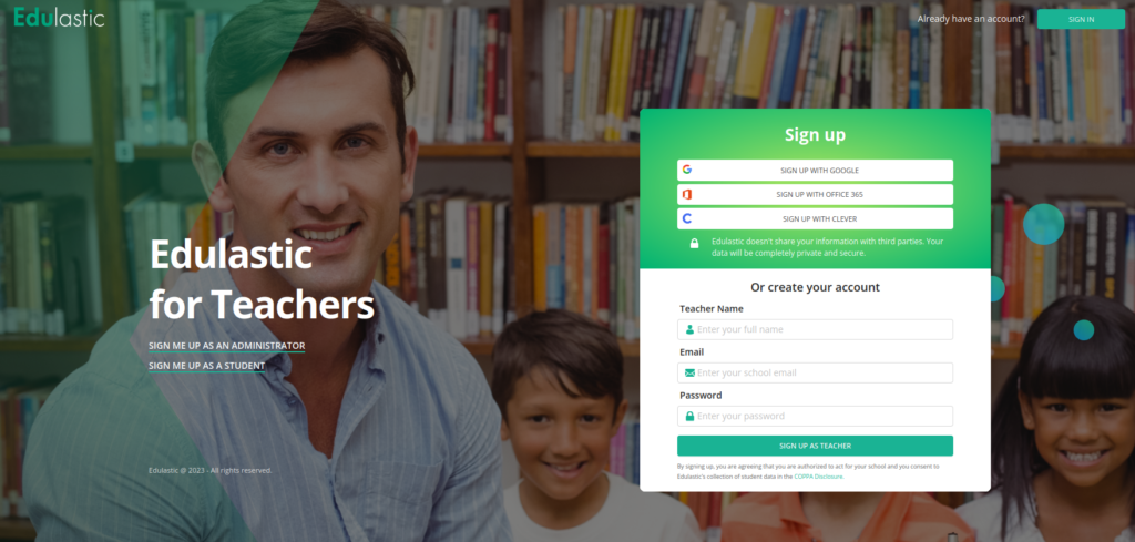 Edulastic teacher sign up page.