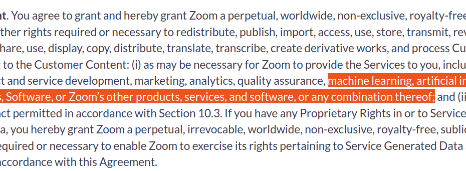 Quote from Zoom's terms showing that Zoom claims broad rights over Customer Content, including the right to use for machine learning.
